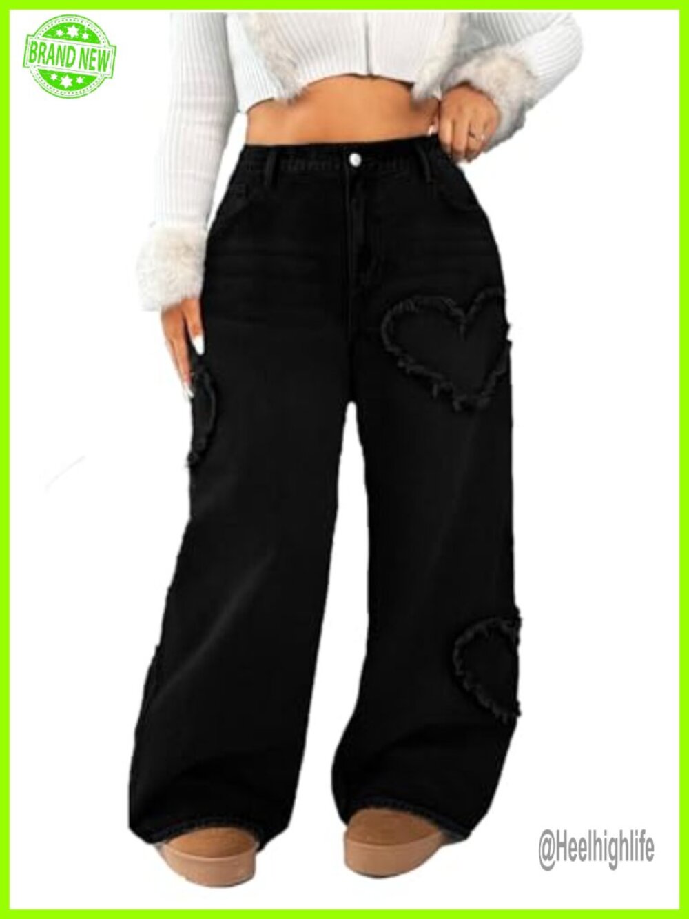 High Waisted Wide Leg Distressed Heart Pattern Jeans